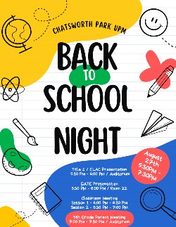 Chatsworth Park UPM - Back To School Night Flyer - August 27, 2024